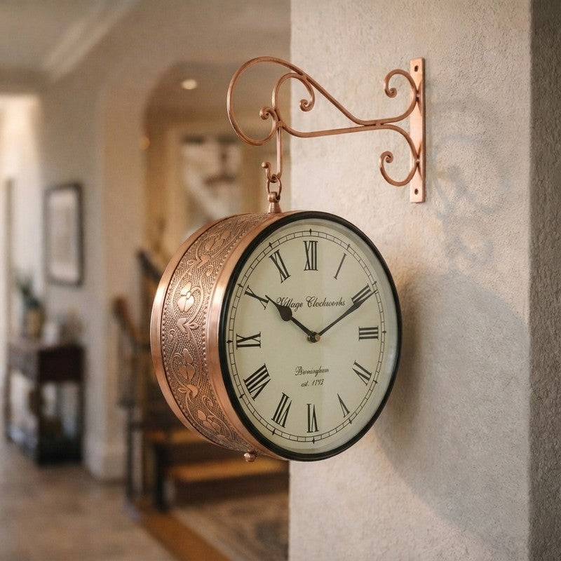 Antique Copper Hanging Wall Clock with Ornate Bracket